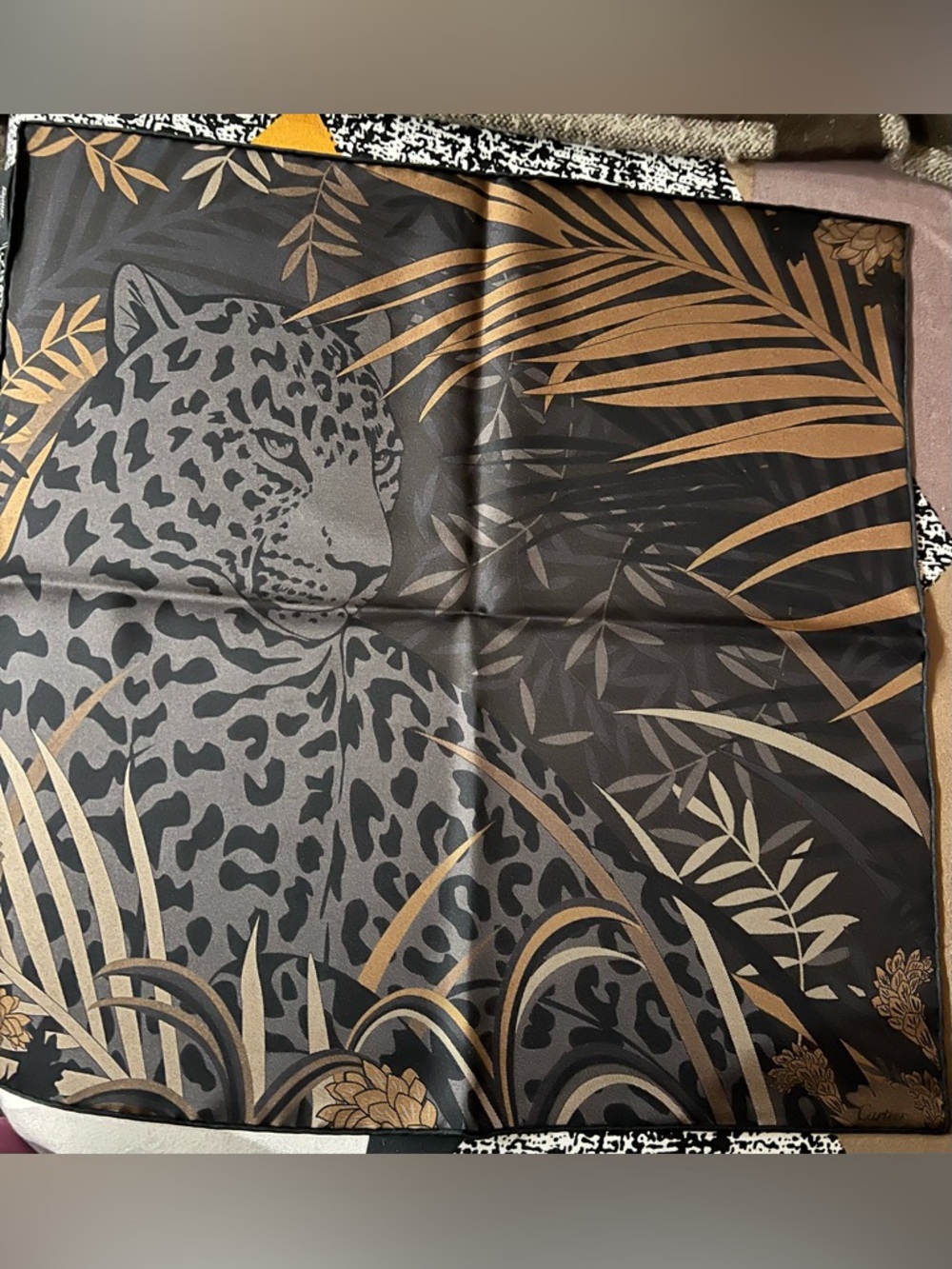Cartier Leopard Print Satin Scarf in Black & Gold